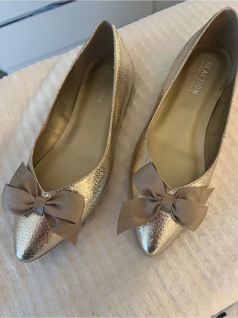 Reaction Kenneth Cole Metallic Gold Pointed Toe Flats with Bow